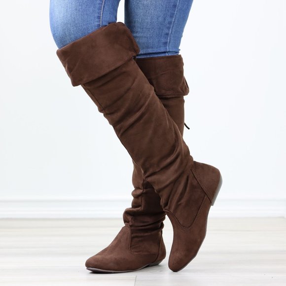 Fold Over Brown Thigh High Over The Knee Flat No Heel Boots Faux Suede Pointed - Picture 9 of 14